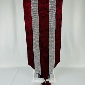 Crushed Red Velvet-like Fabric Table Runner w/Silver Rhinestone Strips/Tassels